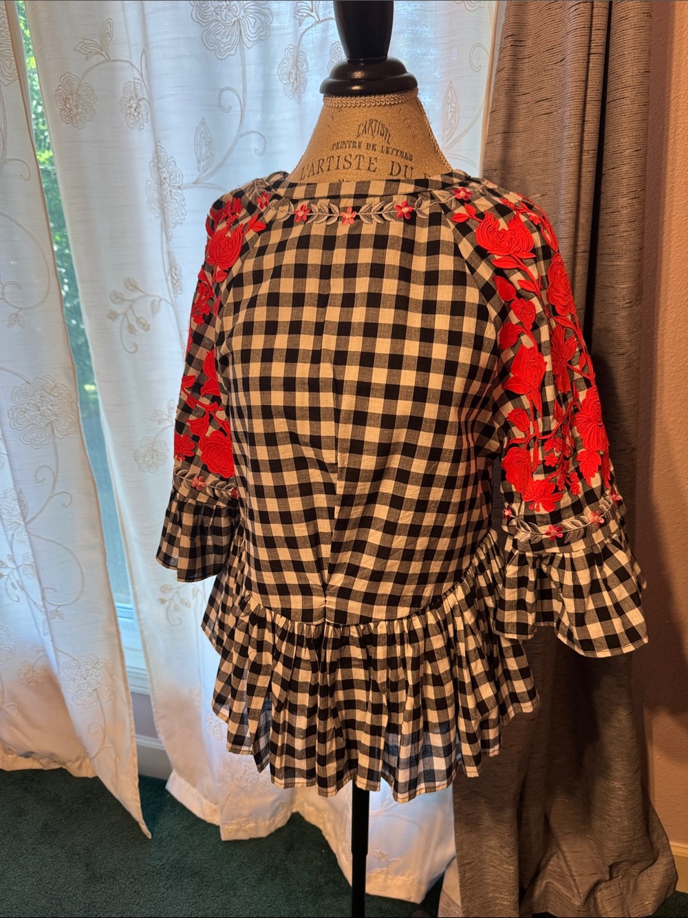 Anthropologie Black & White Gingham Peplum Top with Red Floral Embroidery